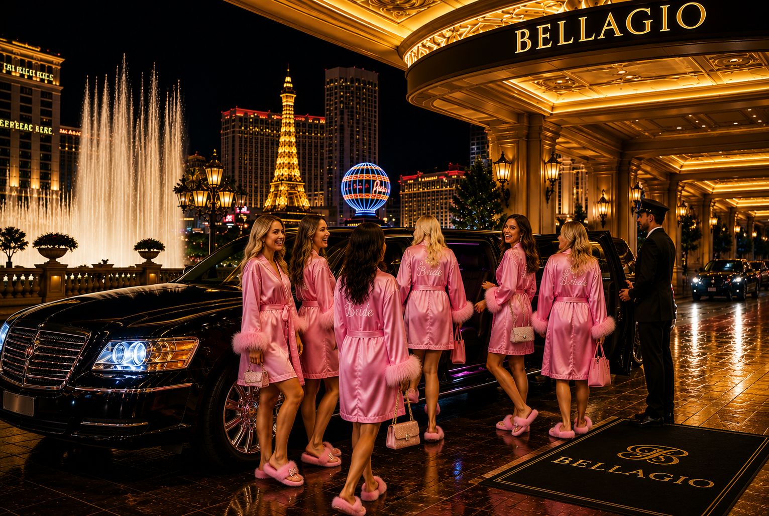 Group arriving at the Bellagio in pink robes beside a luxury limousine