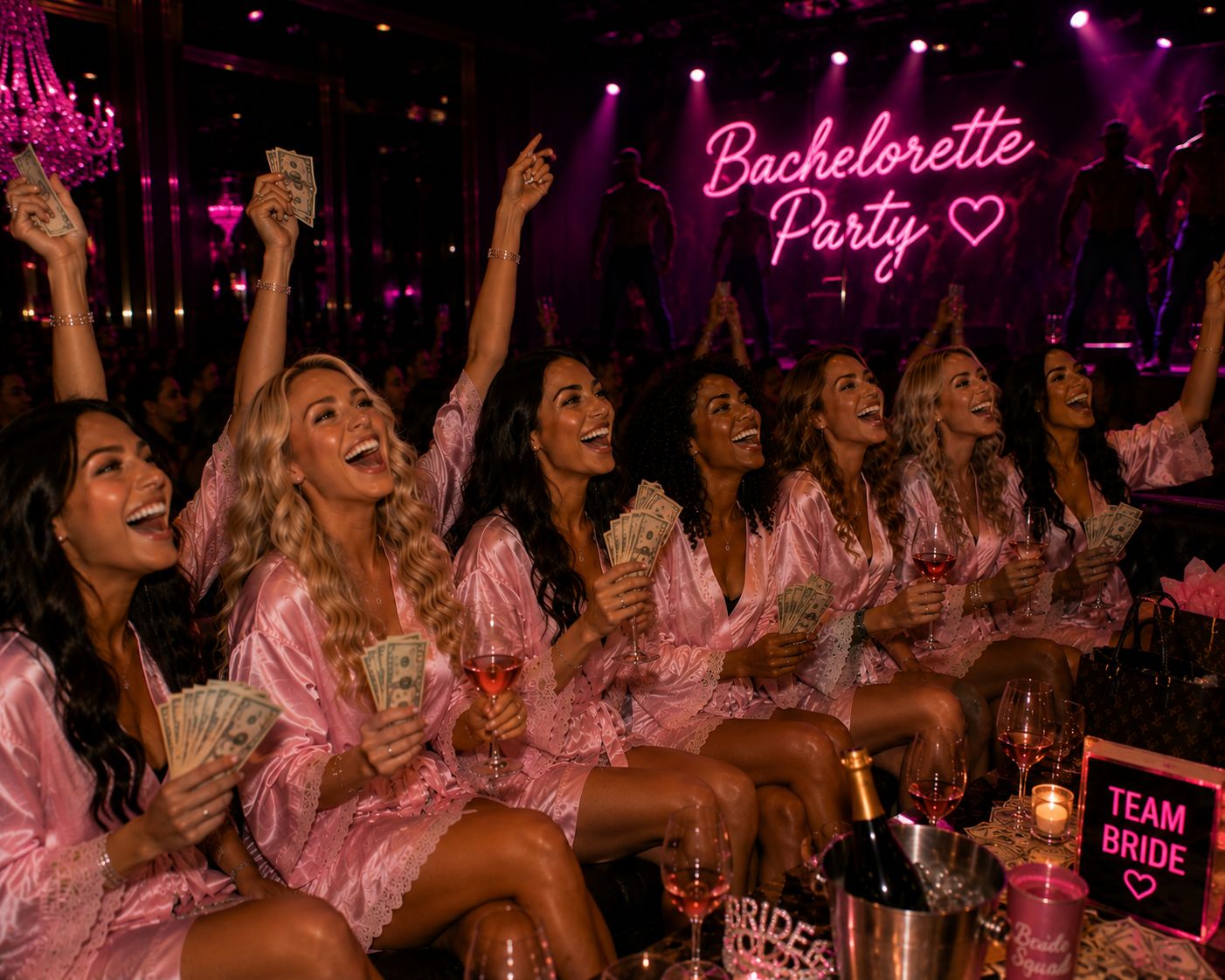 Guests cheering under a neon sign at a Las Vegas revue show